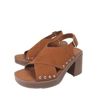 Torrid Studded Sandals Womens 8.5WW Cognac Faux Suede Chunky Criss Cross Mules